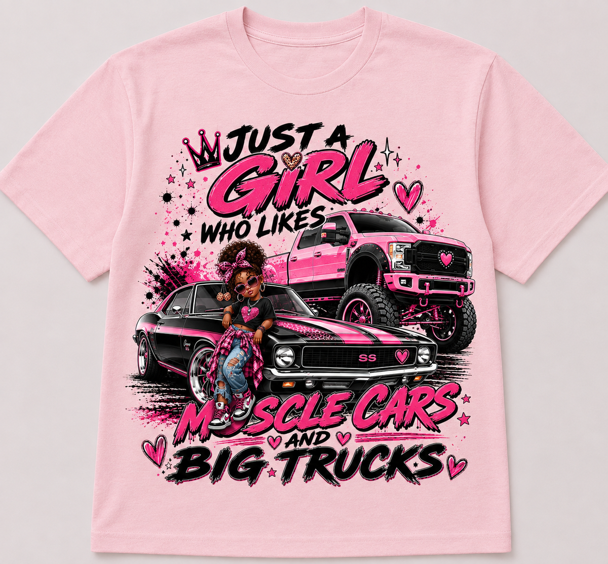 Just a Girl Who Likes Muscle Cars & Big Trucks ā Girls Pink Graphic T-Shirt
