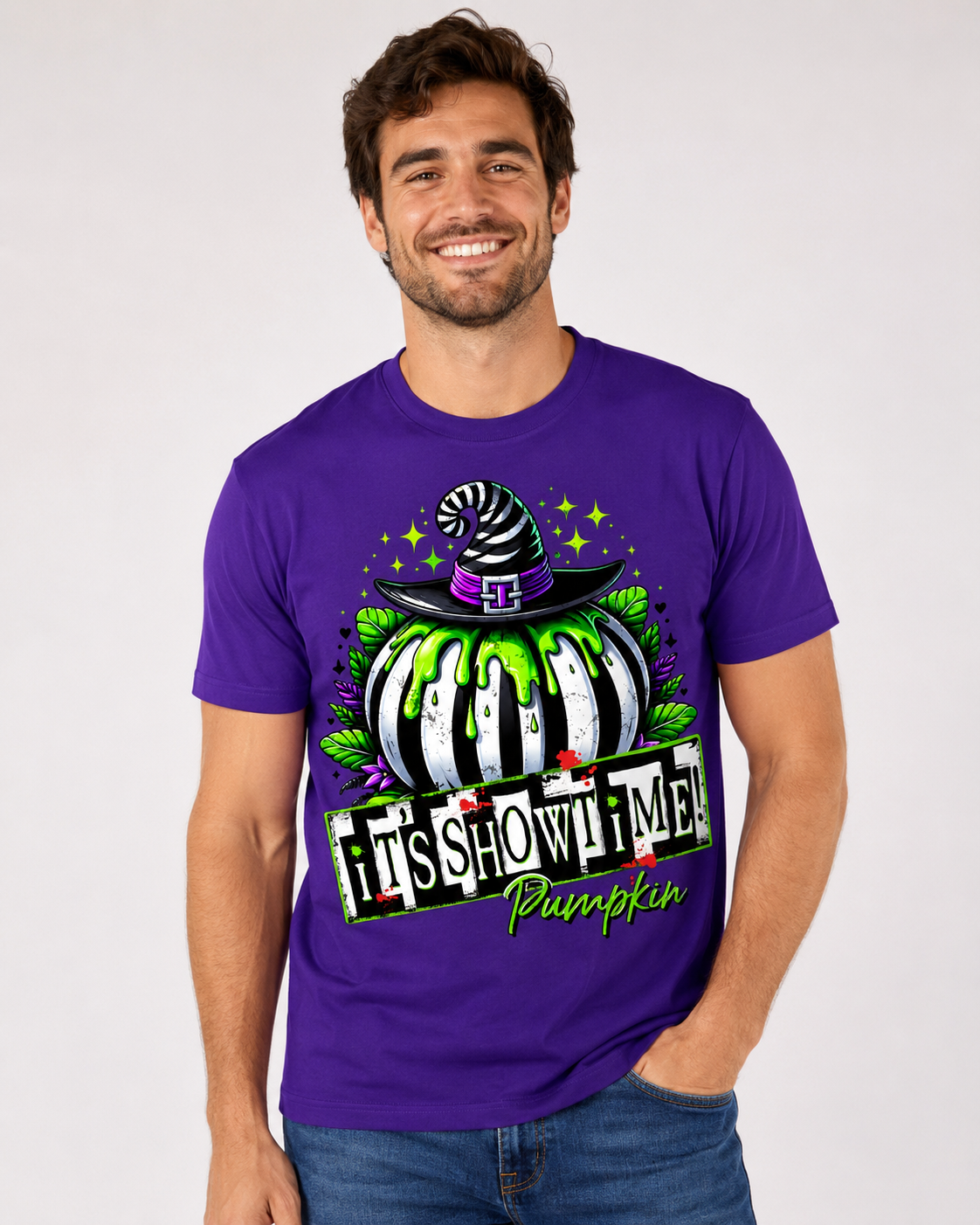 Itโs Showtime Pumpkin Halloween Graphic T-Shirt โ Purple Unisex Tee ๐๐