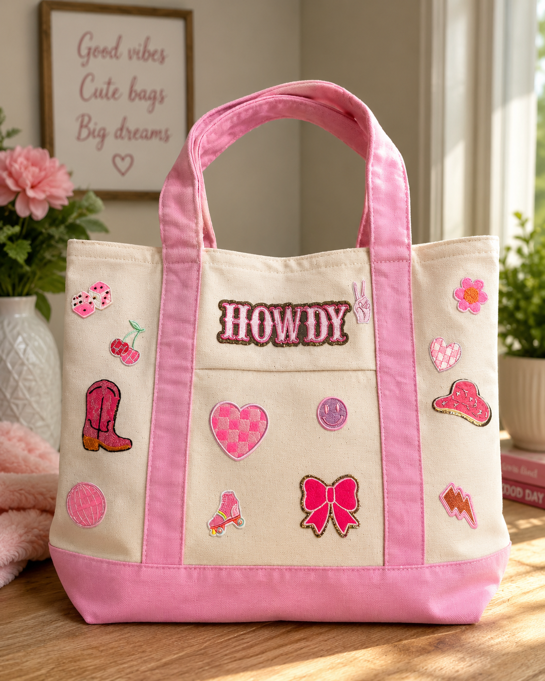Pink Howdy Western Patch Tote Bag – Cute Cowgirl Canvas Bag