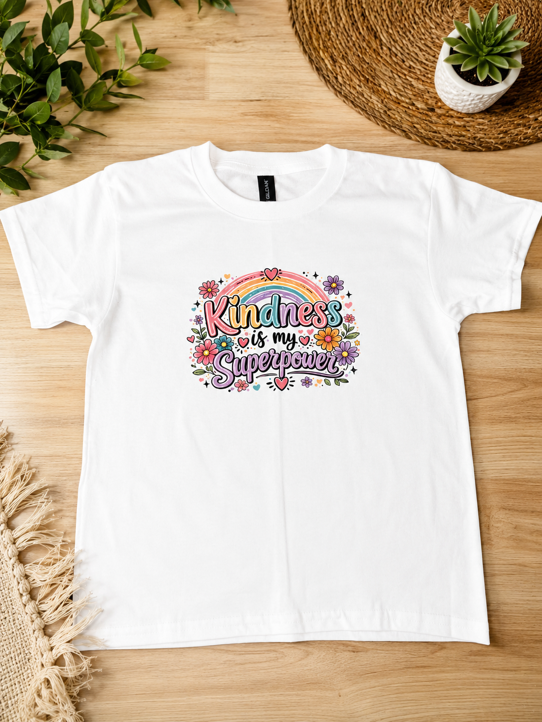 Kindness Is My Superpower Kids T-Shirt – Colorful Rainbow & Floral Inspirational Tee