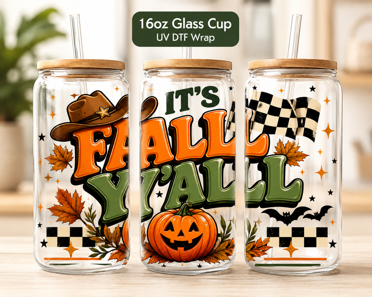 It's Fall Y'all 16oz Glass Cup – Autumn Pumpkin & Checkered UV DTF Tumbler