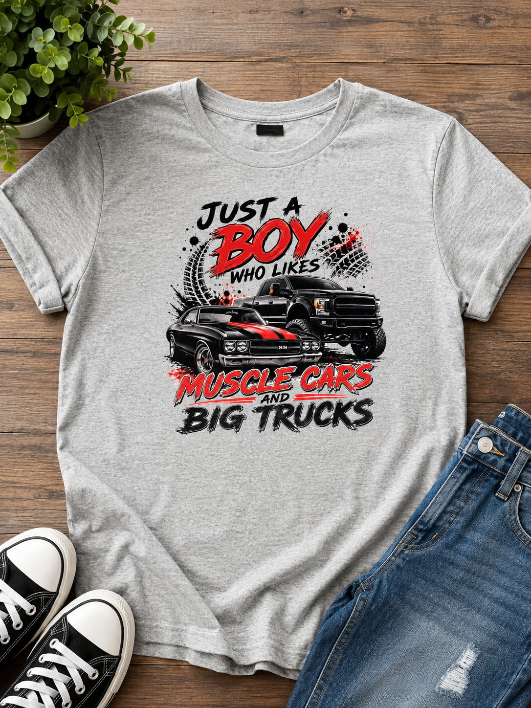 Just a Boy Who Likes Muscle Cars & Big Trucks Kids T-Shirt – Boys Car & Truck Graphic Tee