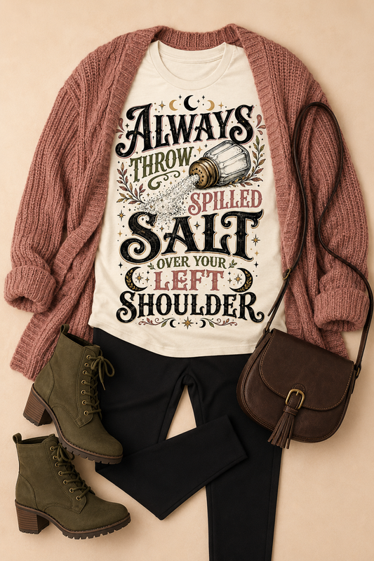 Always Throw Spilled Salt Funny Superstition Graphic T-Shirt