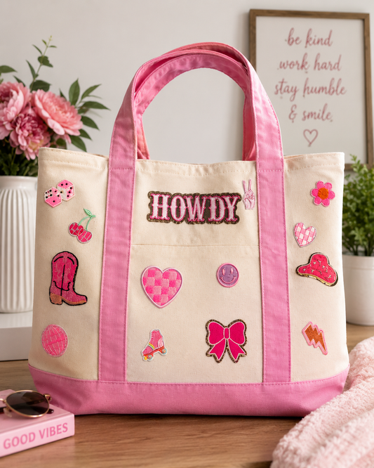 Pink Howdy Western Patch Tote Bag – Cute Cowgirl Canvas Bag