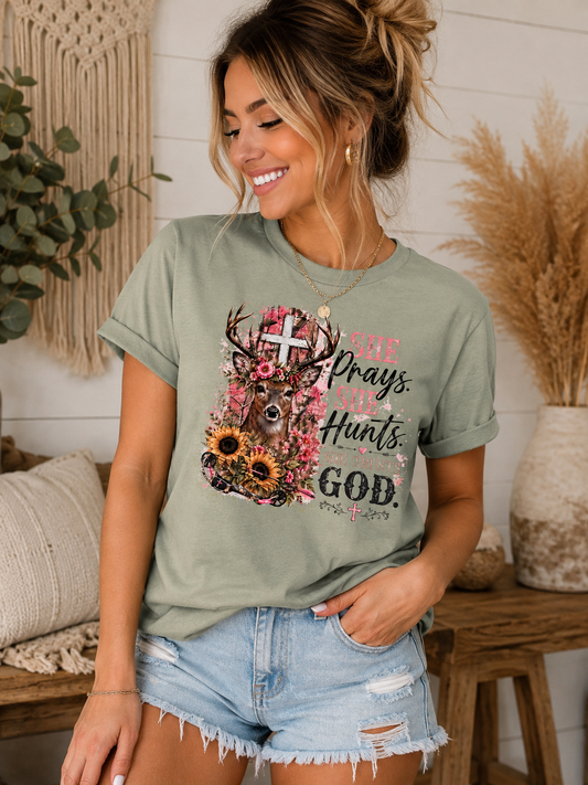 She Prays She Hunts She Trusts God T-Shirt – Women’s Christian Hunting Graphic Tee
