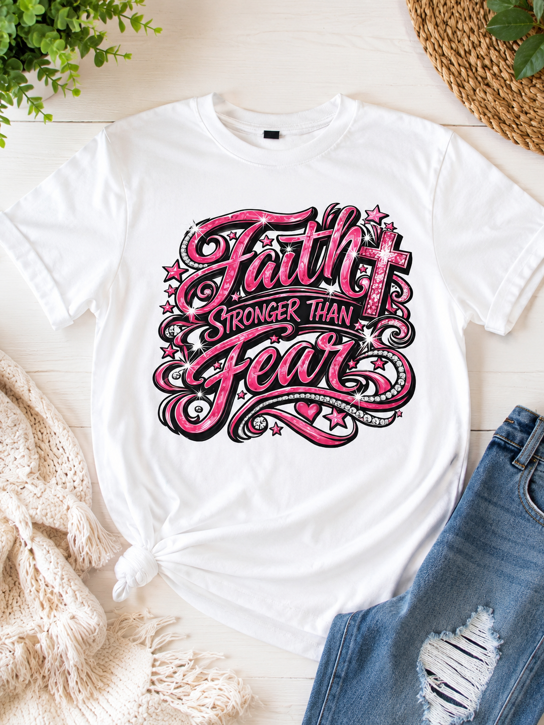 Faith Stronger Than Fear Women’s Graphic T-Shirt – Pink Christian Inspirational Tee