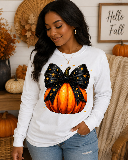 Starry Bow Pumpkin Long Sleeve Shirt – Cute Fall & Halloween Graphic Tee