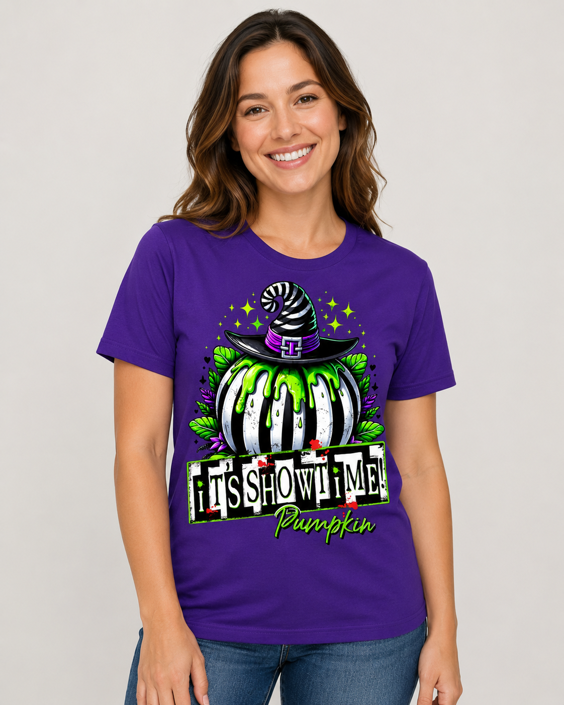 It’s Showtime Pumpkin Halloween Graphic T-Shirt – Purple Unisex Tee 🎃💜