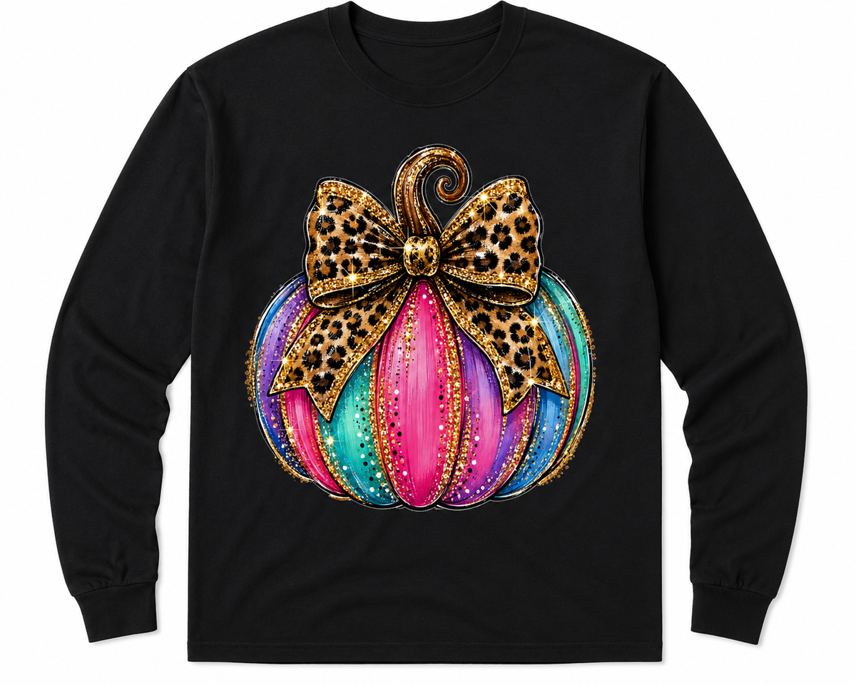 Leopard Bow Colorful Pumpkin Long Sleeve Shirt – Glitter Fall Graphic Tee