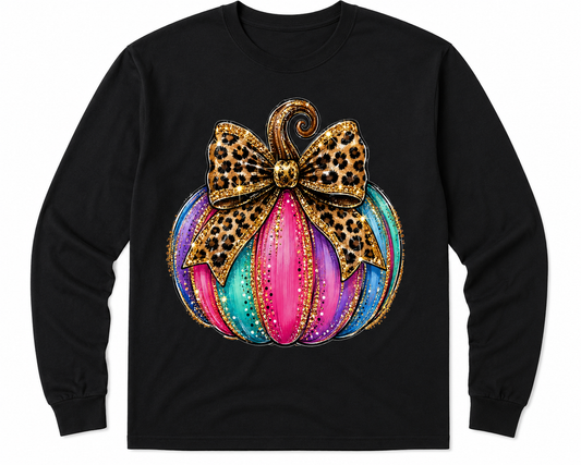 Leopard Bow Colorful Pumpkin Long Sleeve Shirt – Glitter Fall Graphic Tee