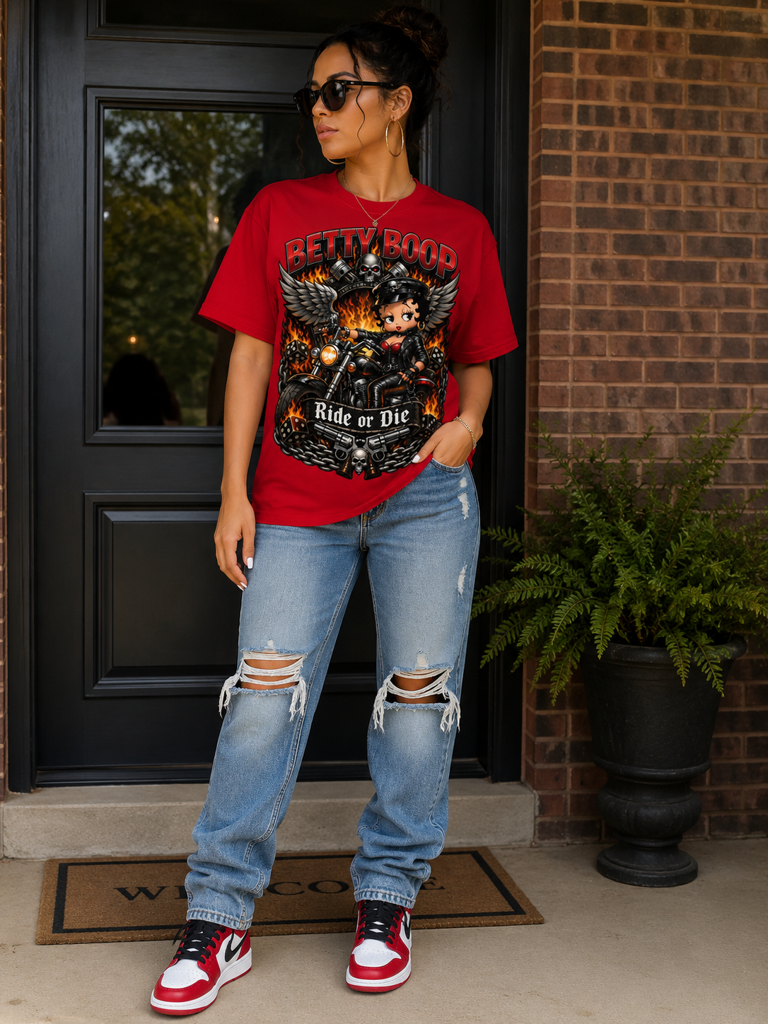 Betty Boop Ride or Die Biker Graphic T-Shirt – Red Motorcycle Tee