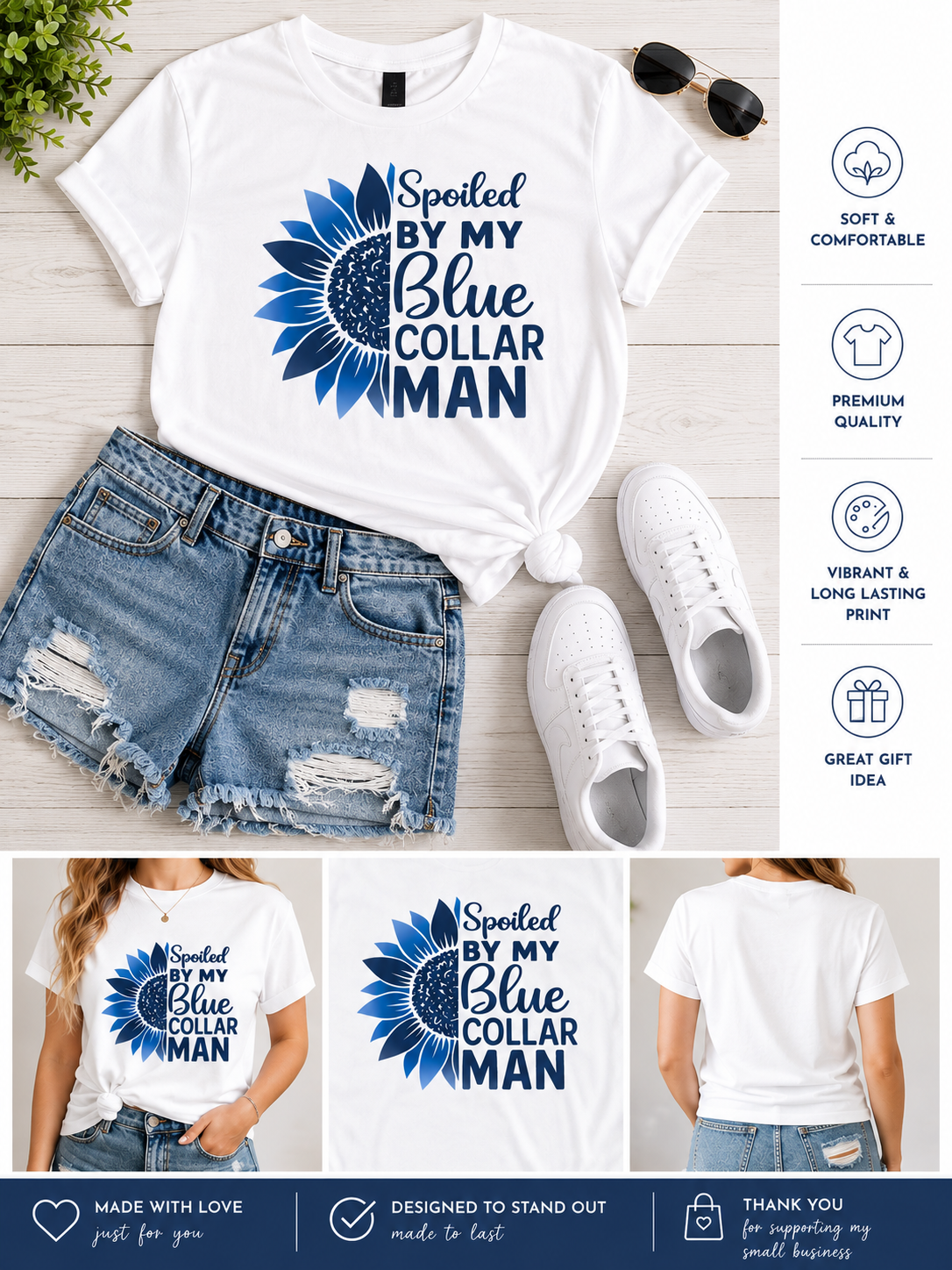 Spoiled by My Blue Collar Man T-Shirt – Blue Sunflower Women’s Graphic Tee 💙🌻