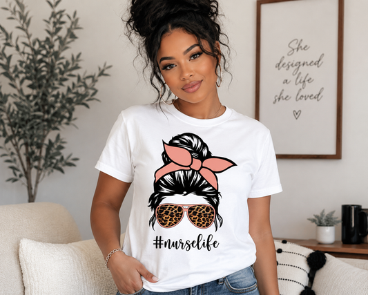 Nurse Life Messy Bun Leopard Print Graphic T-Shirt