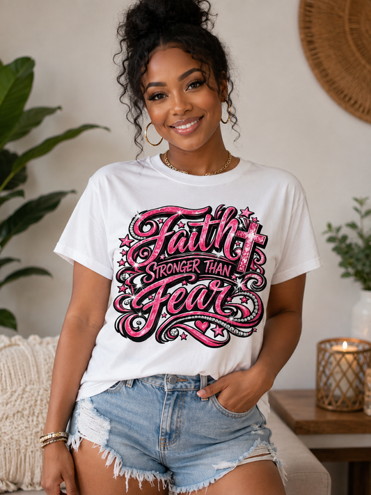 Faith Stronger Than Fear Women’s Graphic T-Shirt – Pink Christian Inspirational Tee