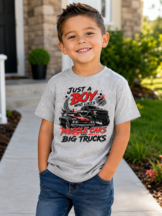 Just a Boy Who Likes Muscle Cars & Big Trucks Kids T-Shirt – Boys Car & Truck Graphic Tee