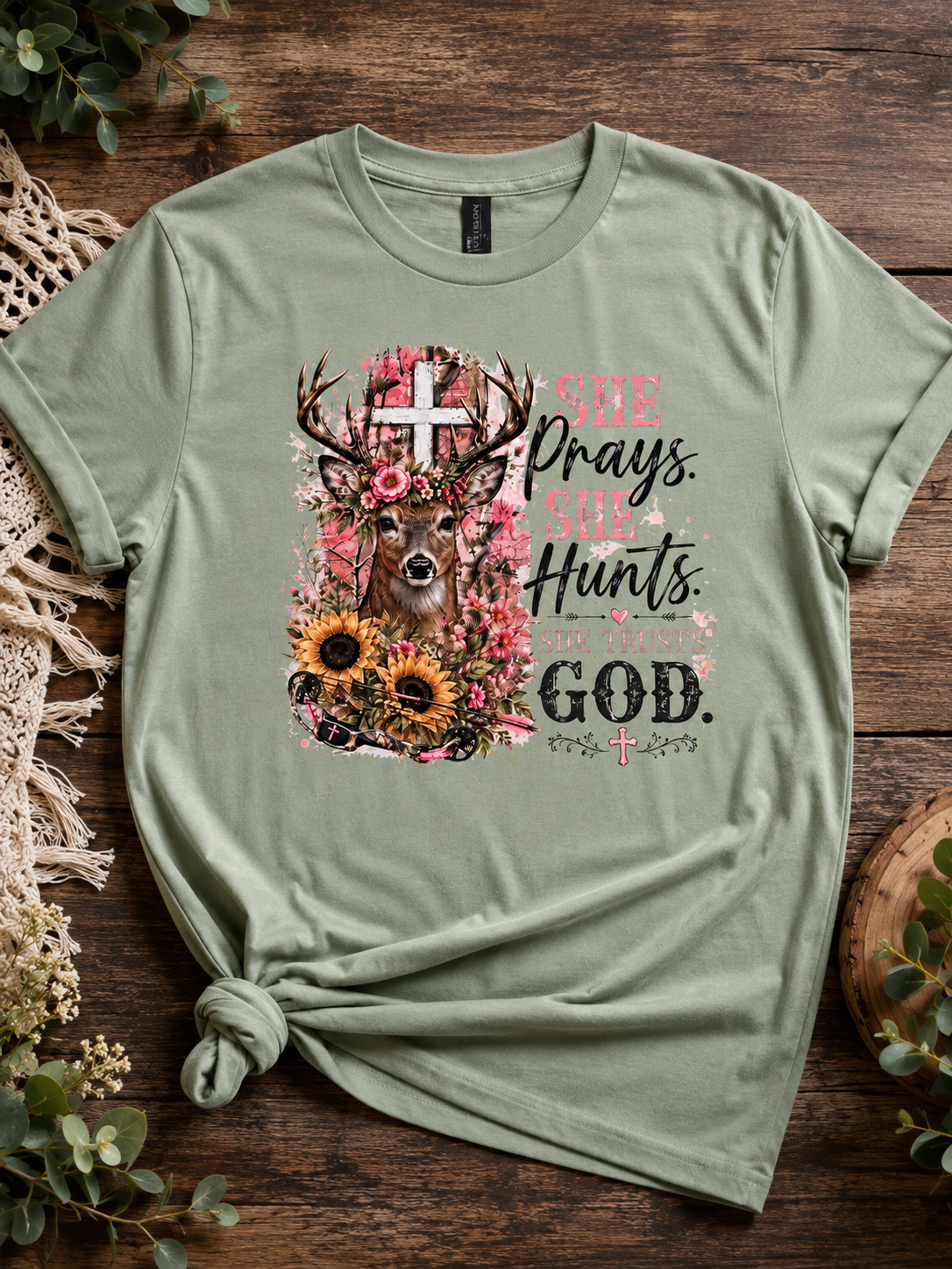 She Prays She Hunts She Trusts God T-Shirt – Women’s Christian Hunting Graphic Tee