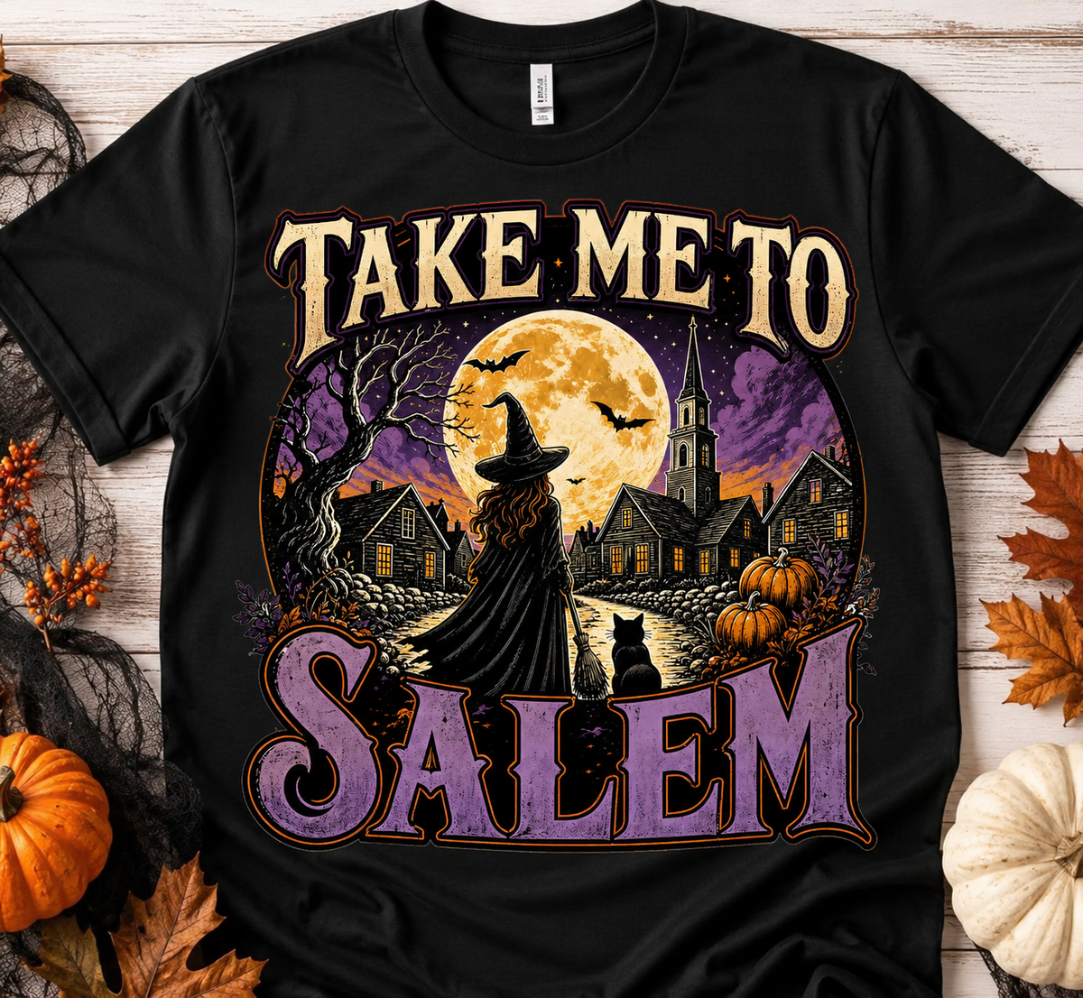 Take Me to Salem Halloween T-Shirt – Vintage Witch & Black Cat Spooky Fall Graphic Tee