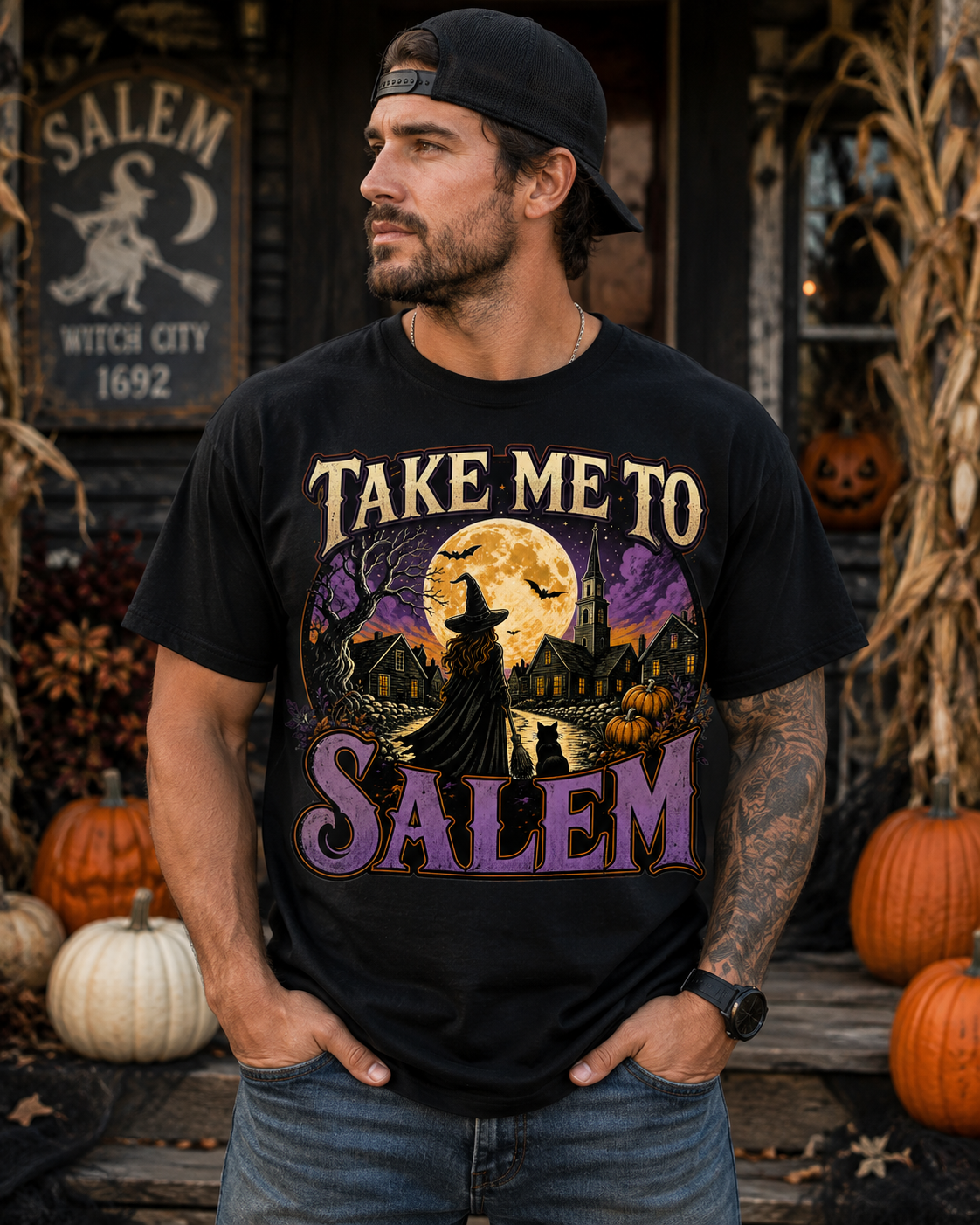 Take Me to Salem Halloween T-Shirt – Vintage Witch & Black Cat Spooky Fall Graphic Tee