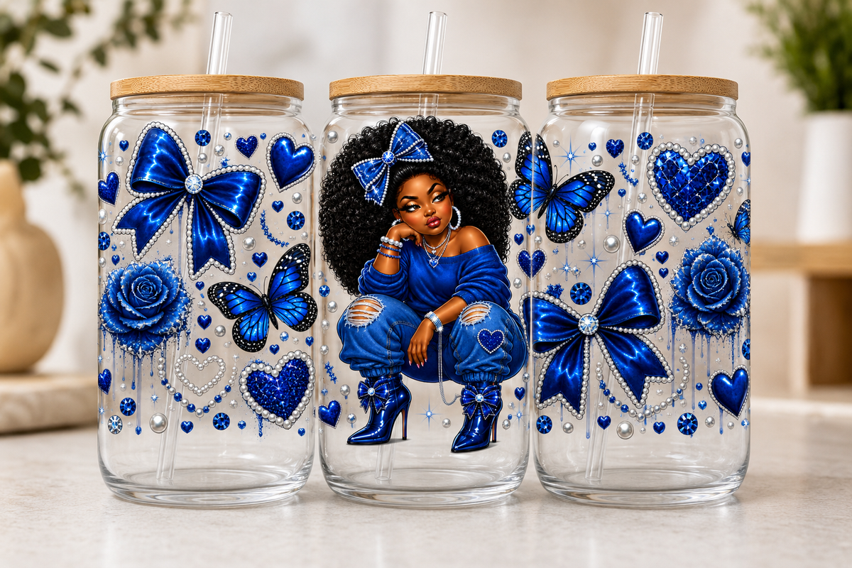Blue Beauty Bling 16oz Glass Cup – Black Girl Magic UV DTF Tumbler