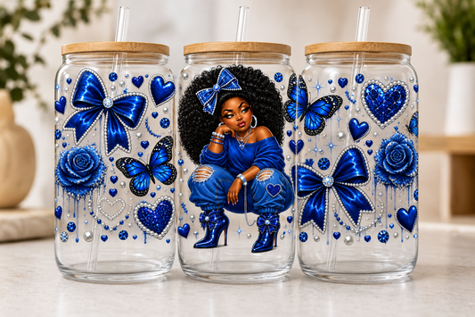 Blue Beauty Bling 16oz Glass Cup – Black Girl Magic UV DTF Tumbler