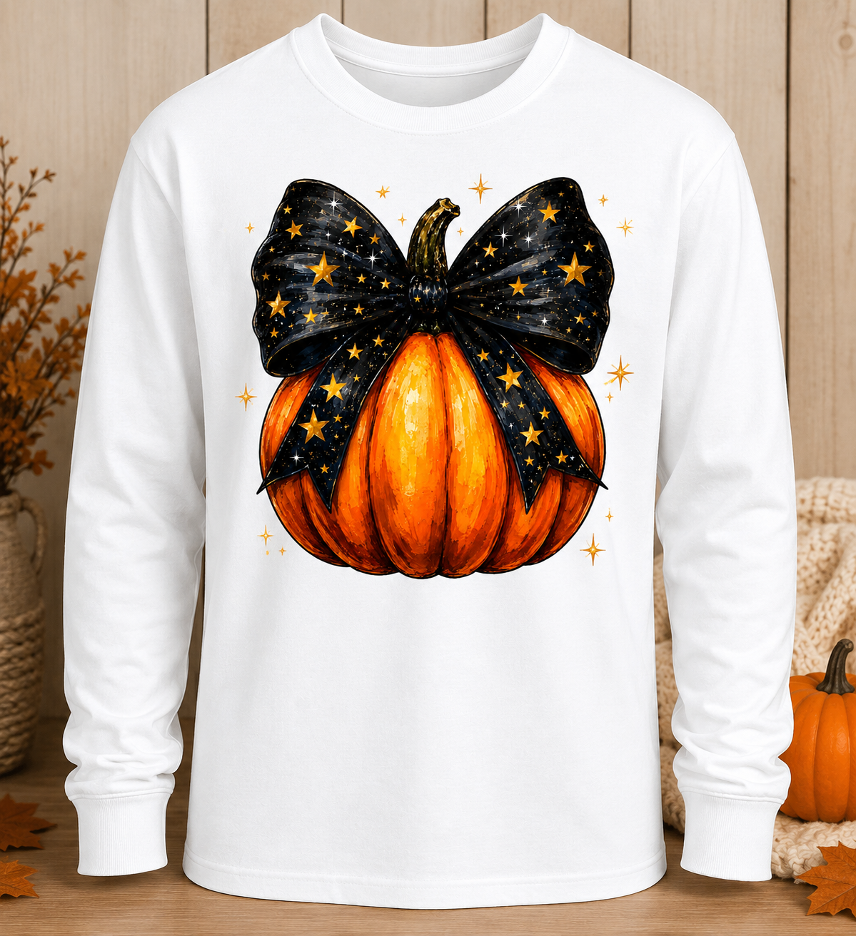 Starry Bow Pumpkin Long Sleeve Shirt – Cute Fall & Halloween Graphic Tee