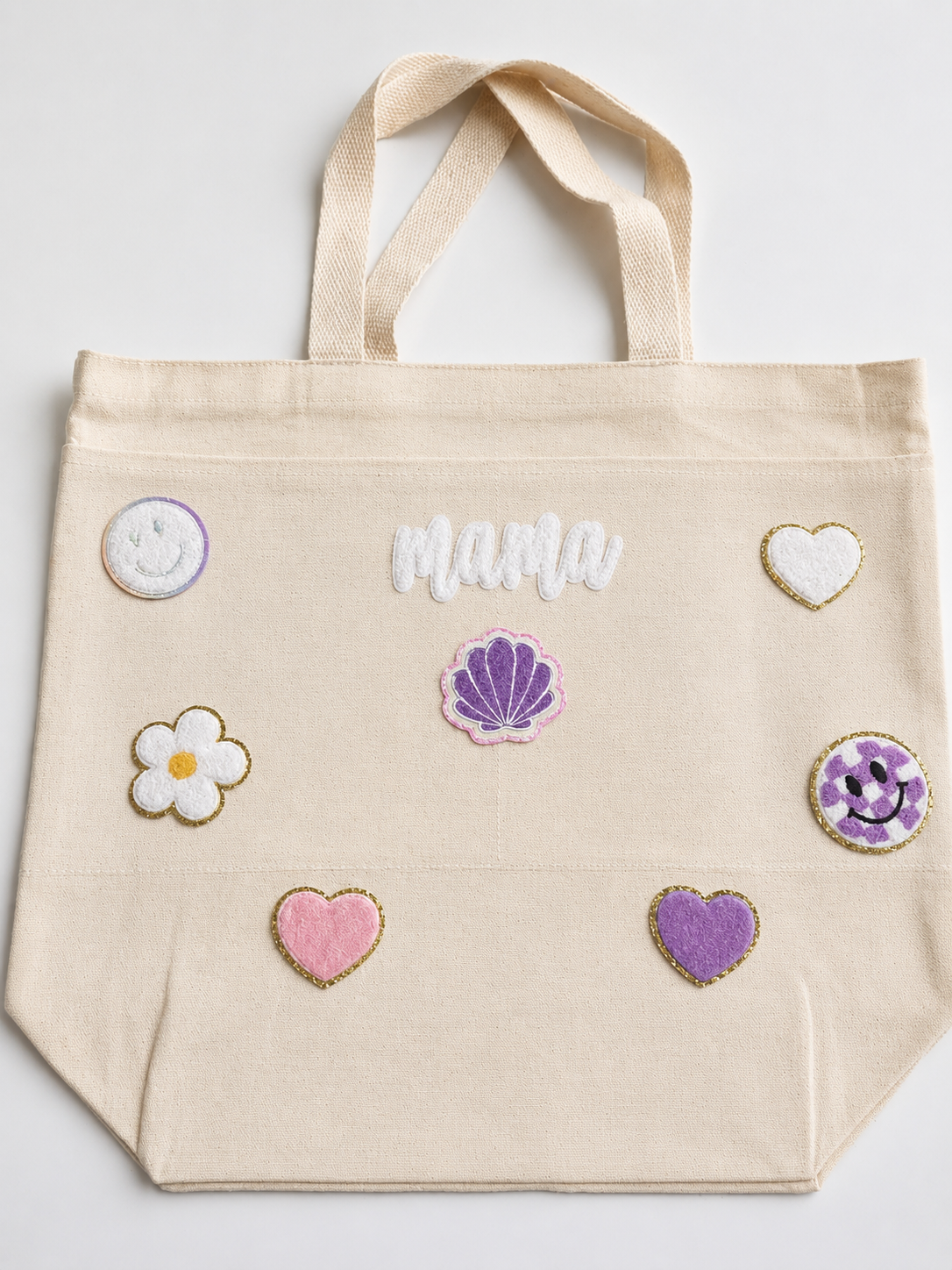 Custom Mama Canvas Tote Bag – Cute Pastel Hearts, Flowers & Smiley Design