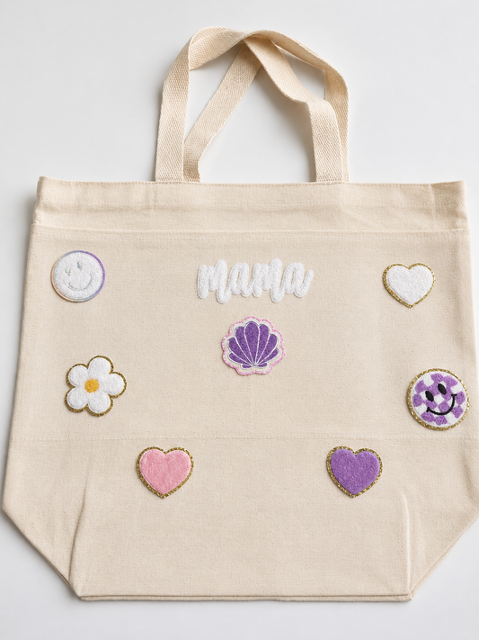 Custom Mama Canvas Tote Bag – Cute Pastel Hearts, Flowers & Smiley Design