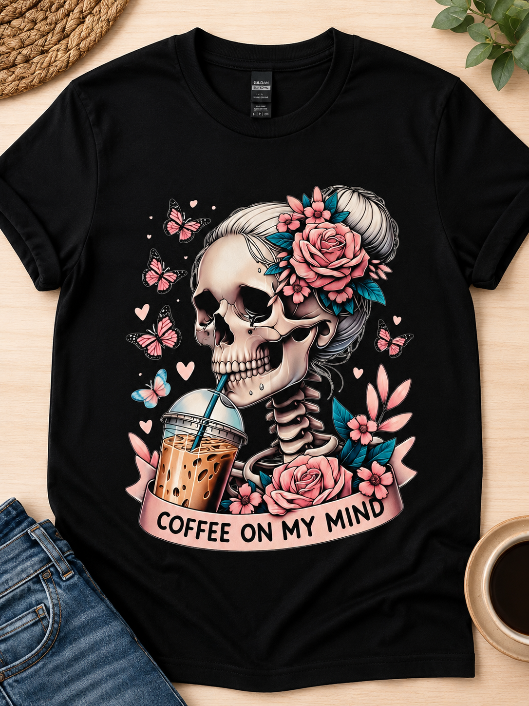Coffee on My Mind – Floral Skeleton Coffee Lover Graphic T-Shirt ☕💀🌸
