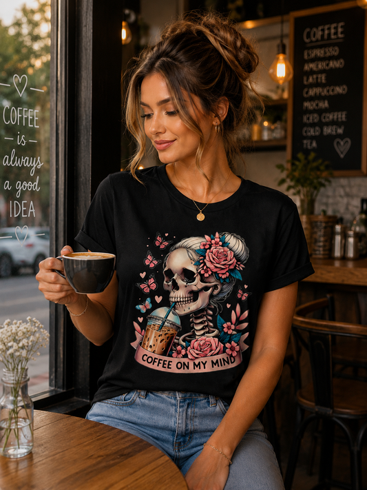 Coffee on My Mind – Floral Skeleton Coffee Lover Graphic T-Shirt ☕💀🌸