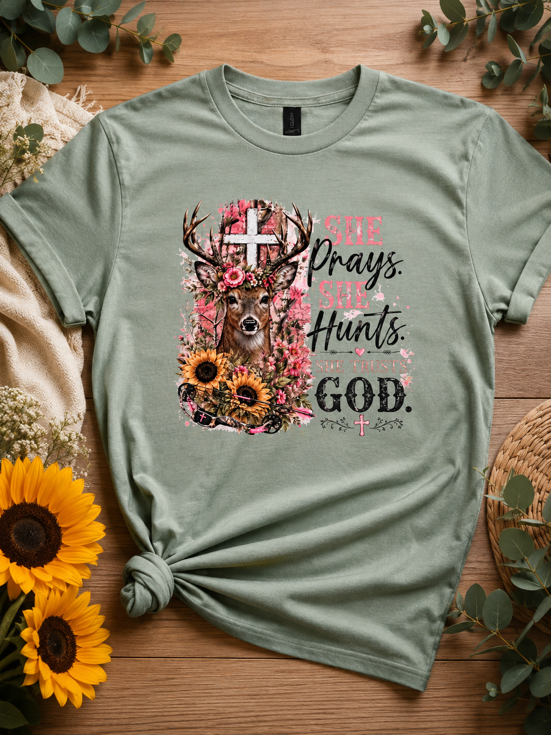 She Prays She Hunts She Trusts God T-Shirt – Women’s Christian Hunting Graphic Tee