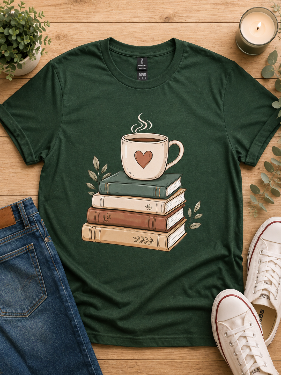Cozy Books & Coffee Lover T-Shirt – Forest Green Reading Tee