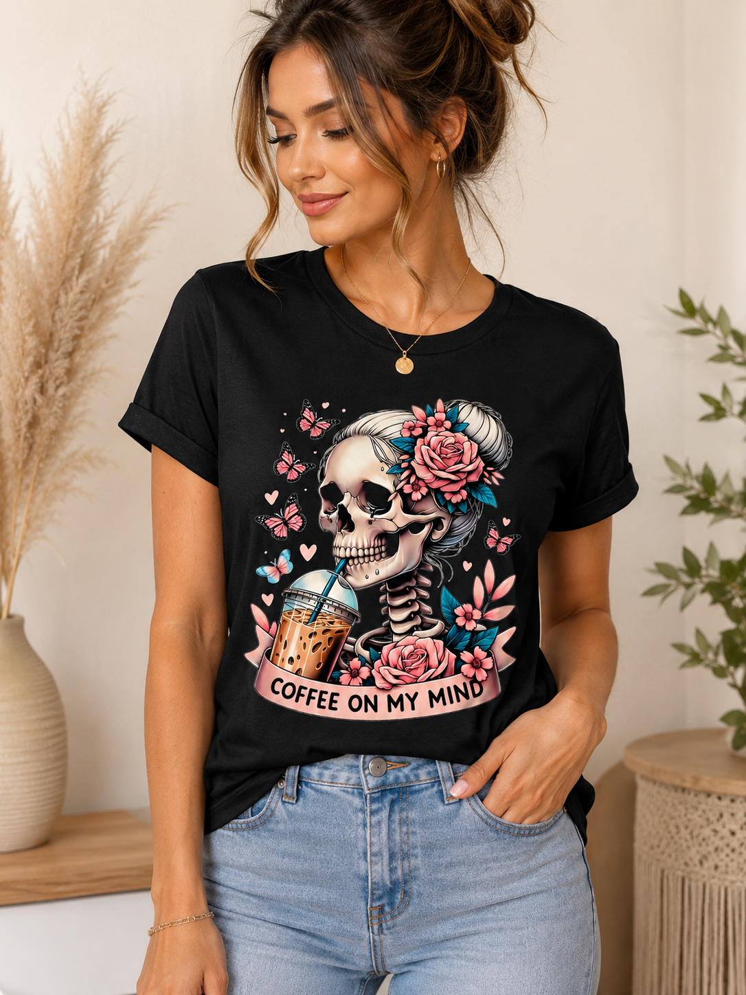 Coffee on My Mind – Floral Skeleton Coffee Lover Graphic T-Shirt ☕💀🌸
