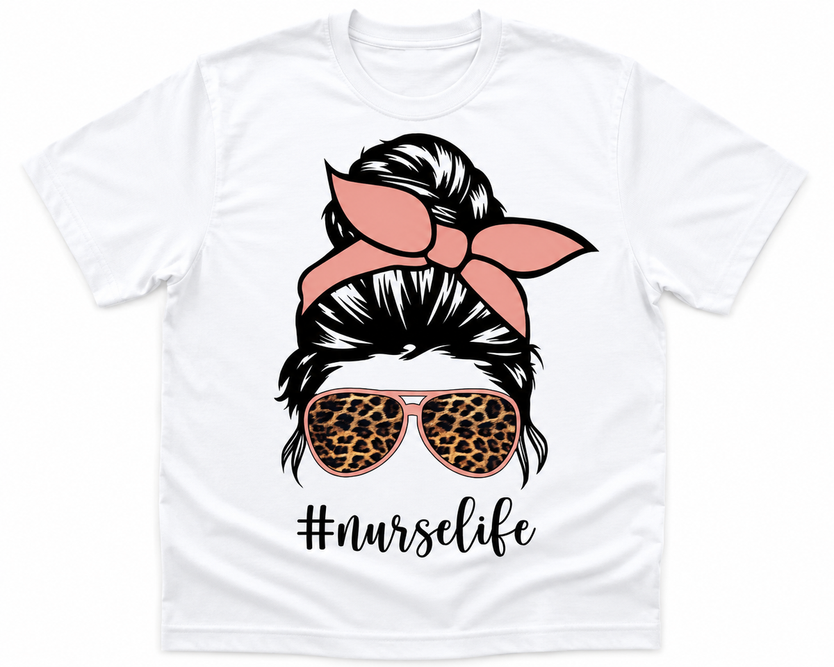 Nurse Life Messy Bun Leopard Print Graphic T-Shirt
