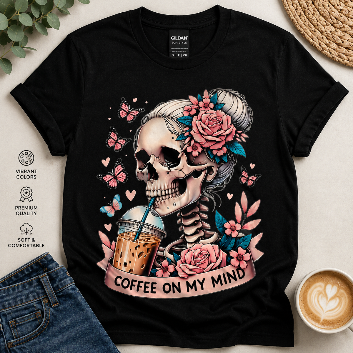 Coffee on My Mind – Floral Skeleton Coffee Lover Graphic T-Shirt ☕💀🌸