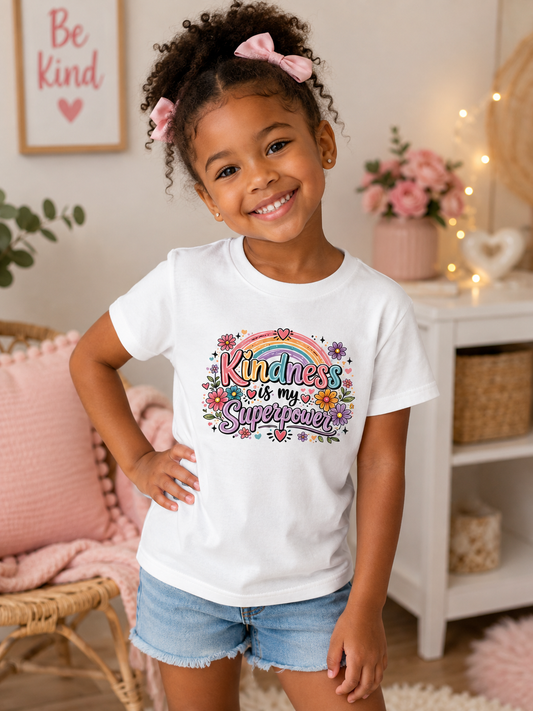 Kindness Is My Superpower Kids T-Shirt – Colorful Rainbow & Floral Inspirational Tee