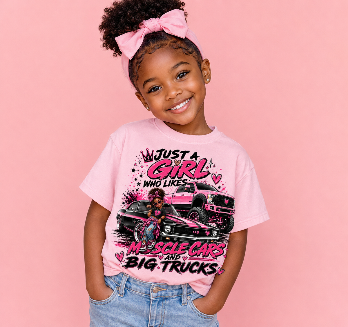 Just a Girl Who Likes Muscle Cars & Big Trucks – Girls Pink Graphic T-Shirt