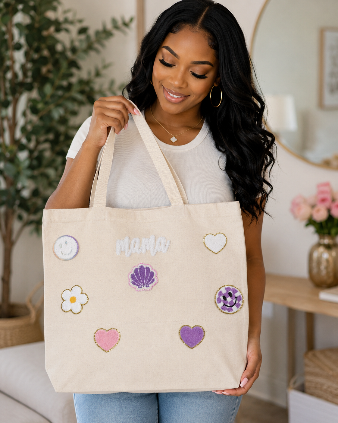 Custom Mama Canvas Tote Bag – Cute Pastel Hearts, Flowers & Smiley Design