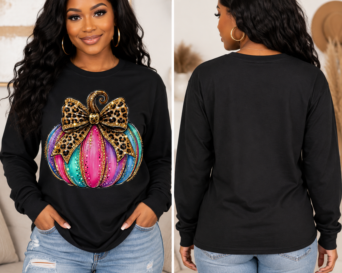 Leopard Bow Colorful Pumpkin Long Sleeve Shirt – Glitter Fall Graphic Tee