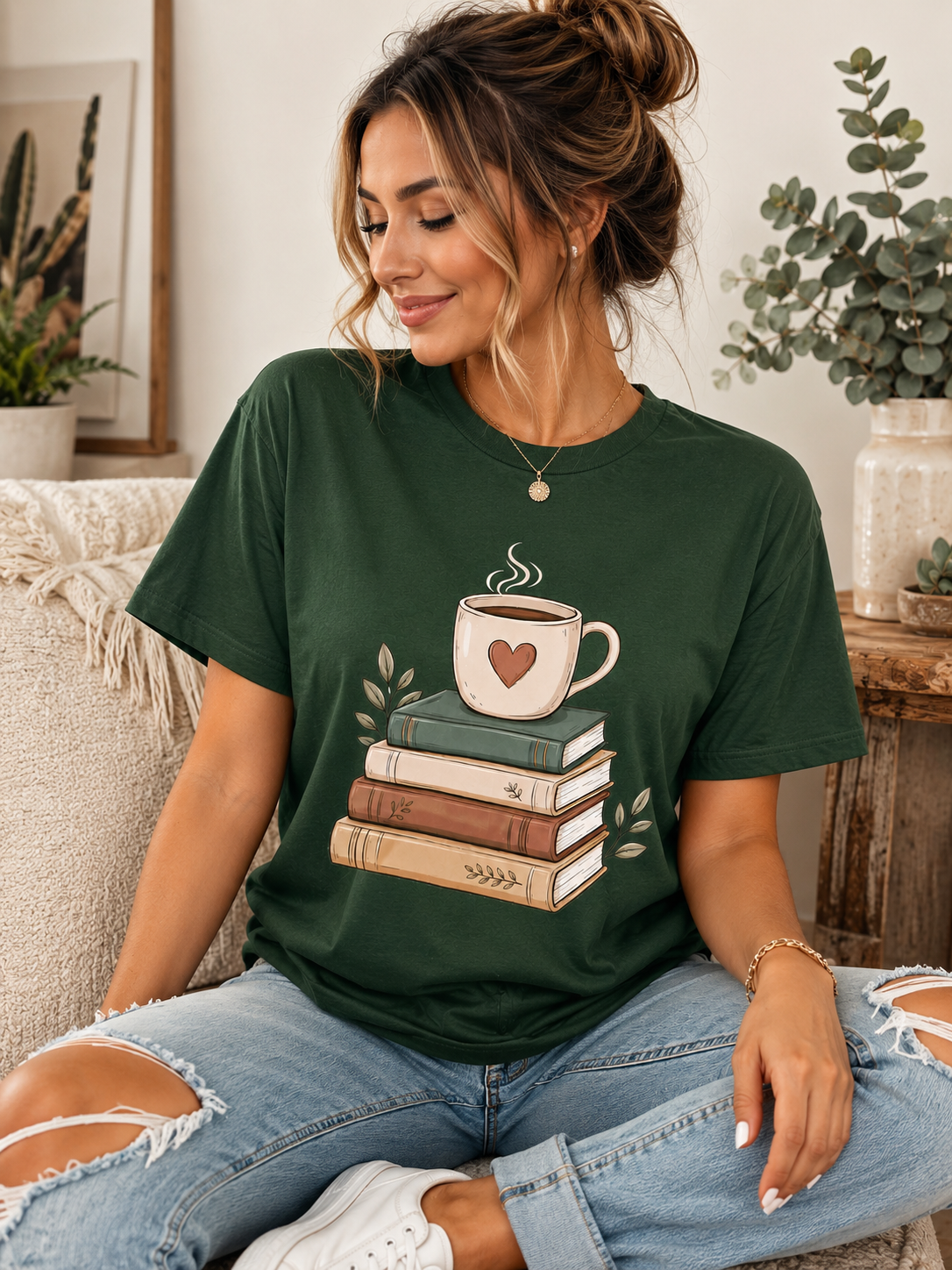 Cozy Books & Coffee Lover T-Shirt – Forest Green Reading Tee