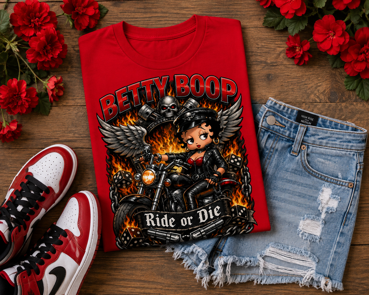 Betty Boop Ride or Die Biker Graphic T-Shirt – Red Motorcycle Tee